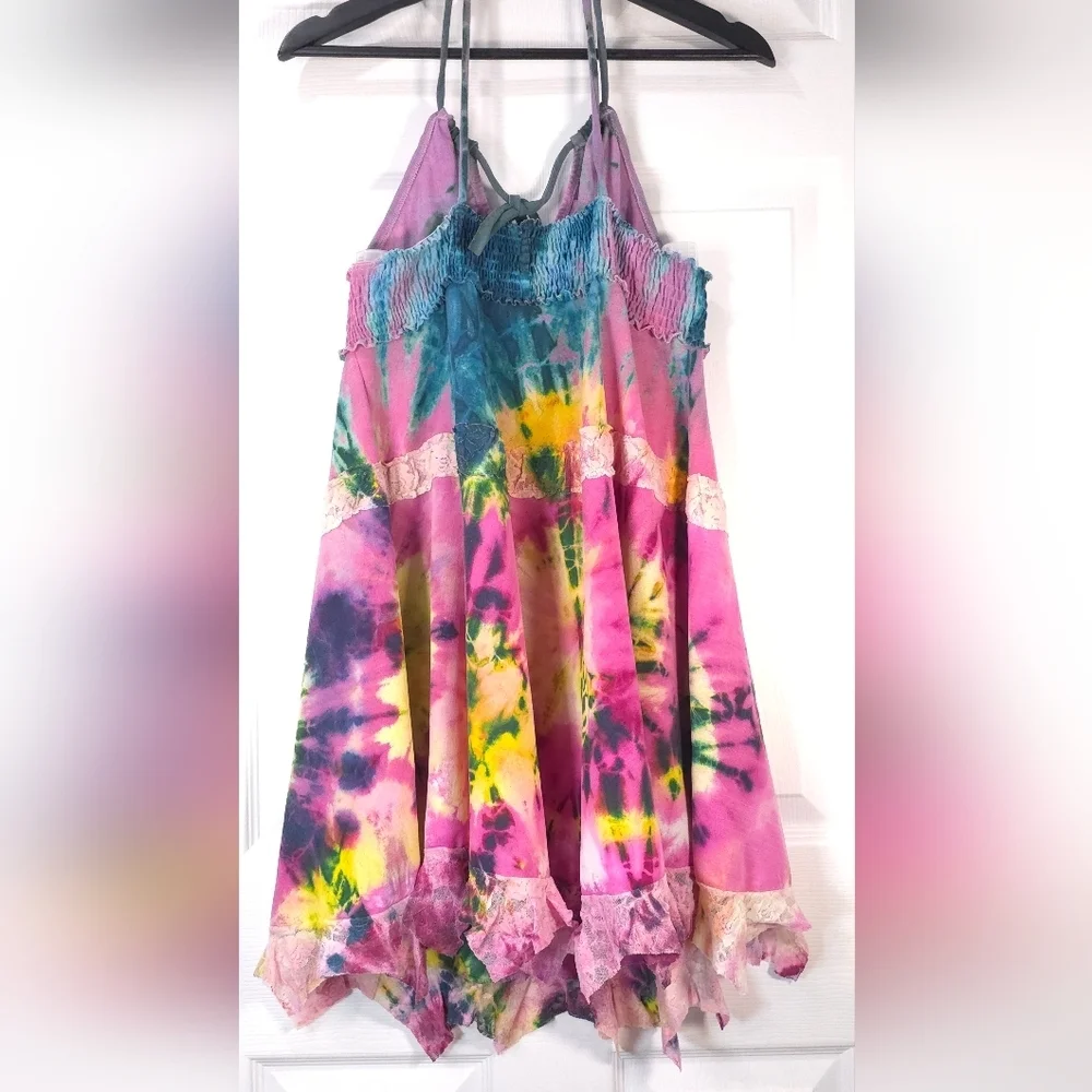 Handmade Tie Dye Midi Dress Cotton Deep V-Neck Size M - L Fairycore - Picture 3 of 8